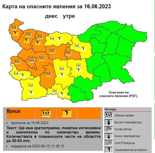 Оранжев код за интензивни валежи в област Враца