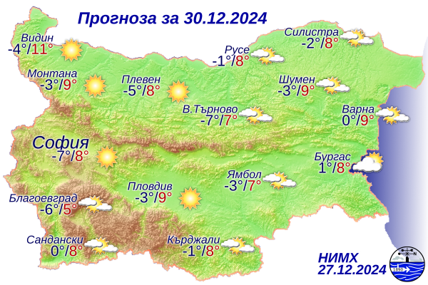 Прогноза за времето в понеделник